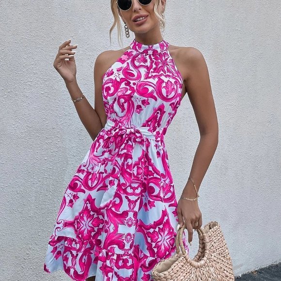 MODA ME COUTURE Dresses & Skirts - Floral Halter Neck Ruffle Hem Belted Mini Dress pink